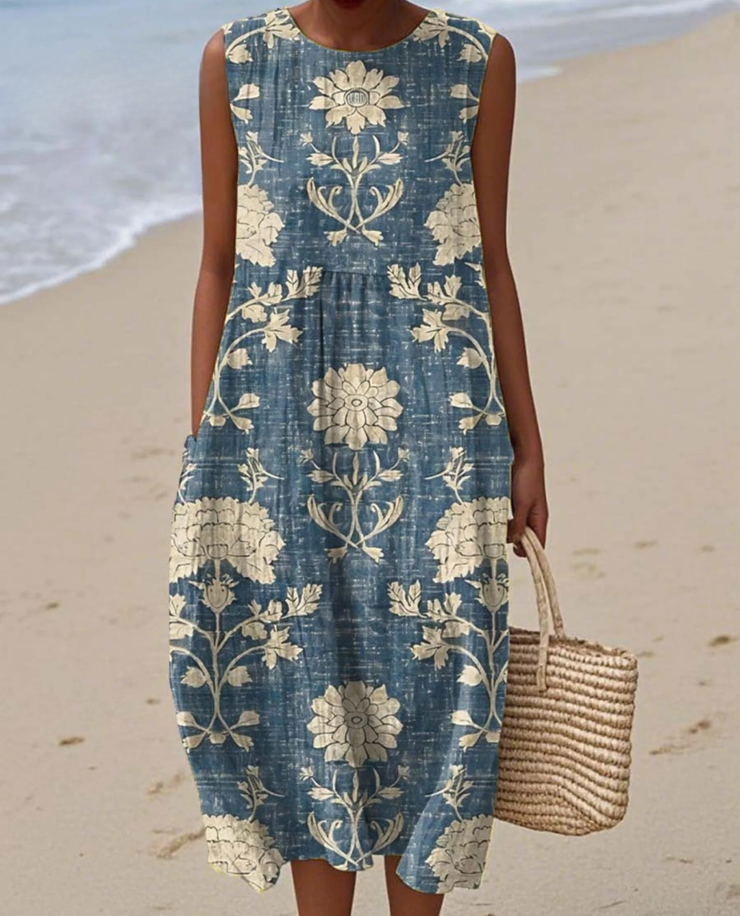 שמלת גן אינדיגו פרחונית ללא שרוולים
