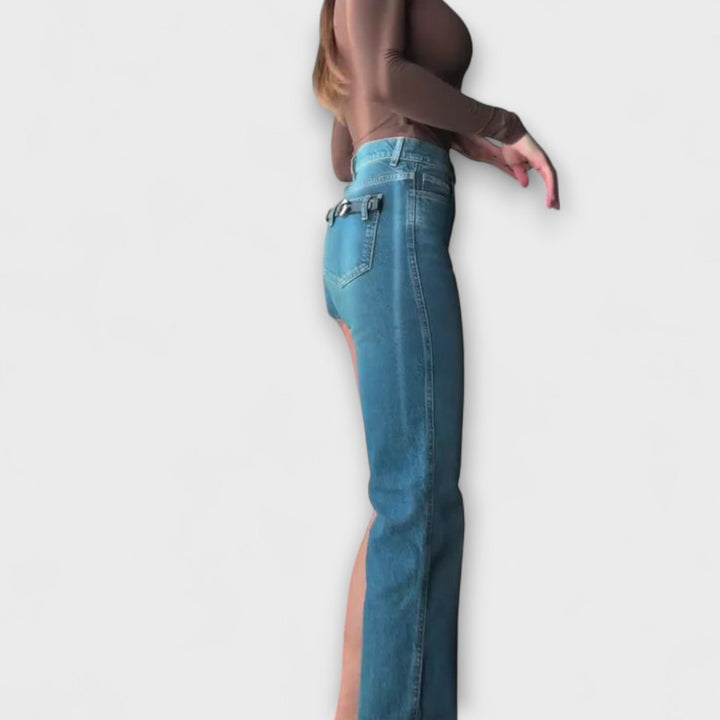 מכנסי ג'ינס אסימטריים עם רצועת כתף אחת