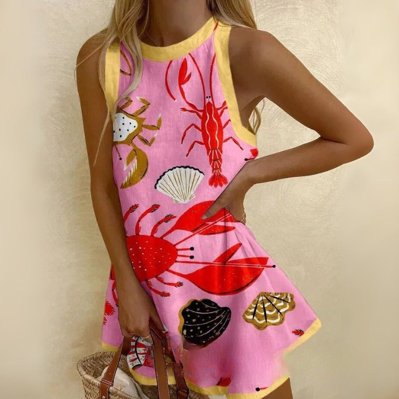 שמלת חוף עם הדפס ימי וגזרה קצרה