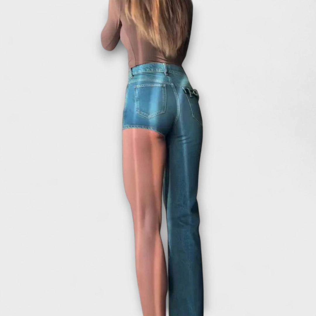 מכנסי ג'ינס אסימטריים עם רצועת כתף אחת