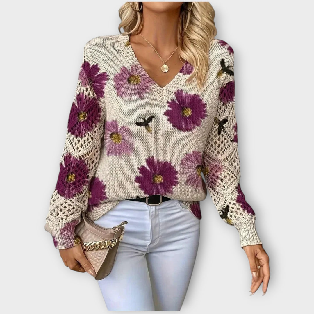 סוודר פרחוני קליל עם צווארון V