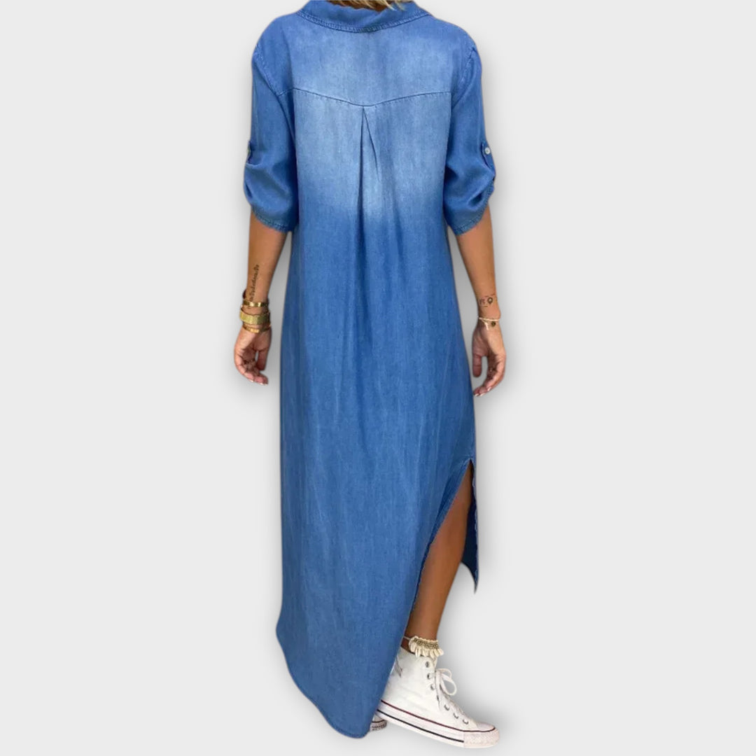שמלת ג'ינס ארוכה עם חריצים צדדיים