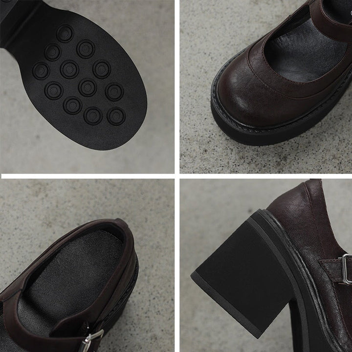 נעלי פלה מעור עם עקב בלוק וסוליית פלטפורמה