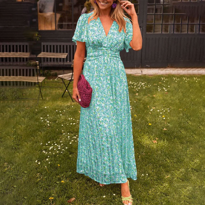 שמלת אסתר עם צווארון V ועיצוב פרחוני