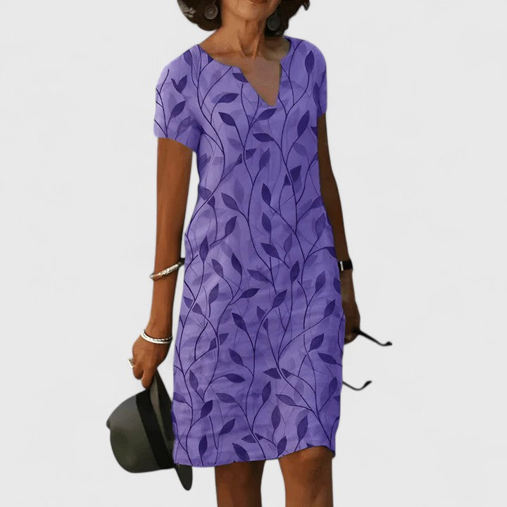 שמלת כותנה אוורירית עם צווארון V ודפוס עלים