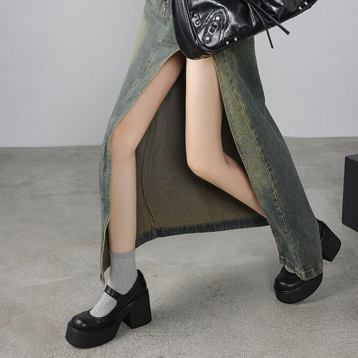 נעלי פלה מעור עם עקב בלוק וסוליית פלטפורמה