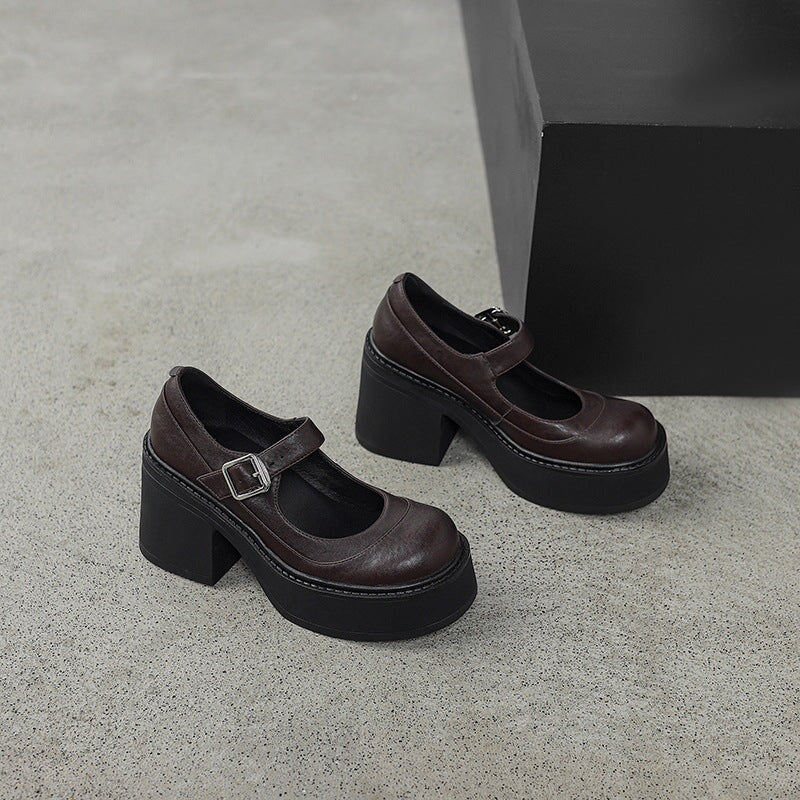 נעלי פלה מעור עם עקב בלוק וסוליית פלטפורמה