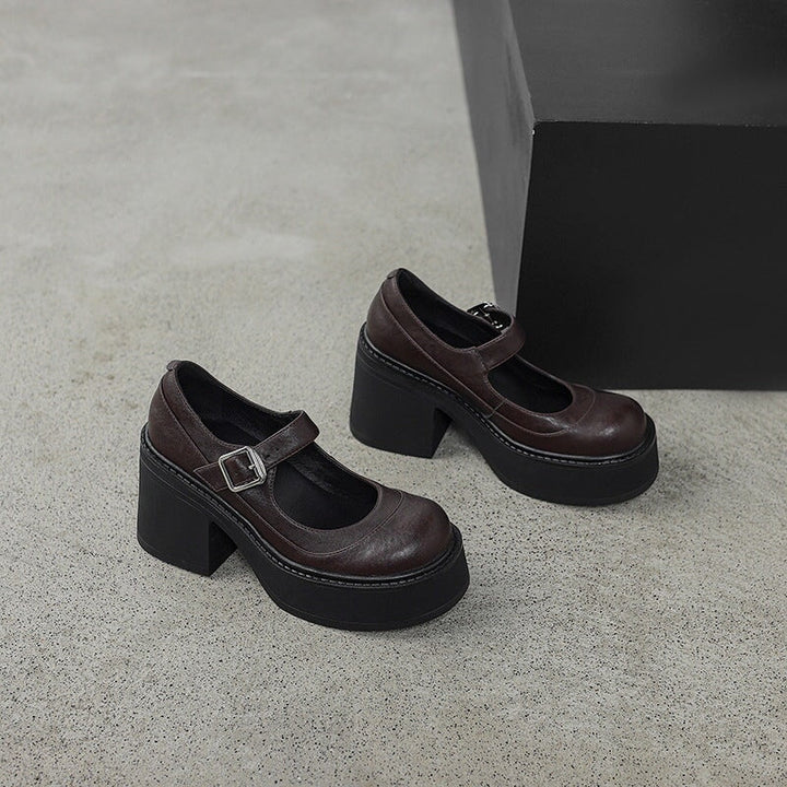 נעלי פלה מעור עם עקב בלוק וסוליית פלטפורמה