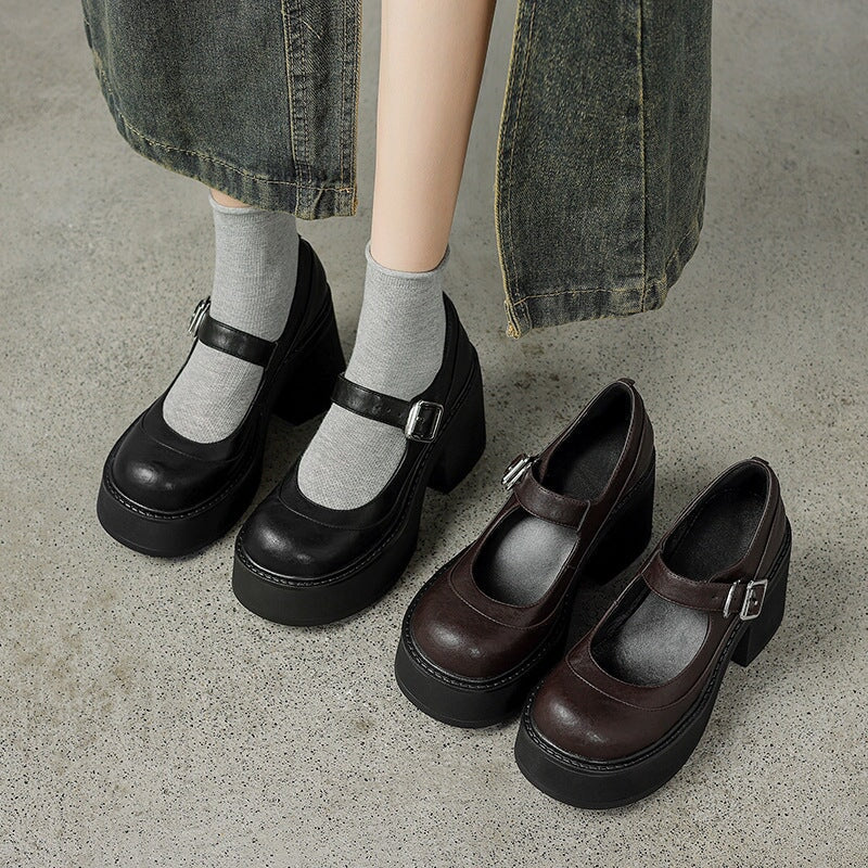 נעלי פלה מעור עם עקב בלוק וסוליית פלטפורמה