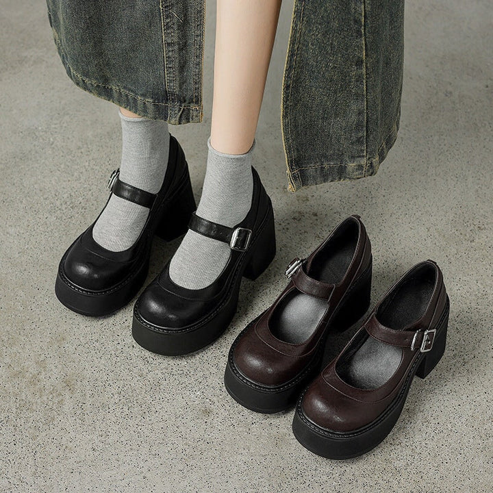 נעלי פלה מעור עם עקב בלוק וסוליית פלטפורמה