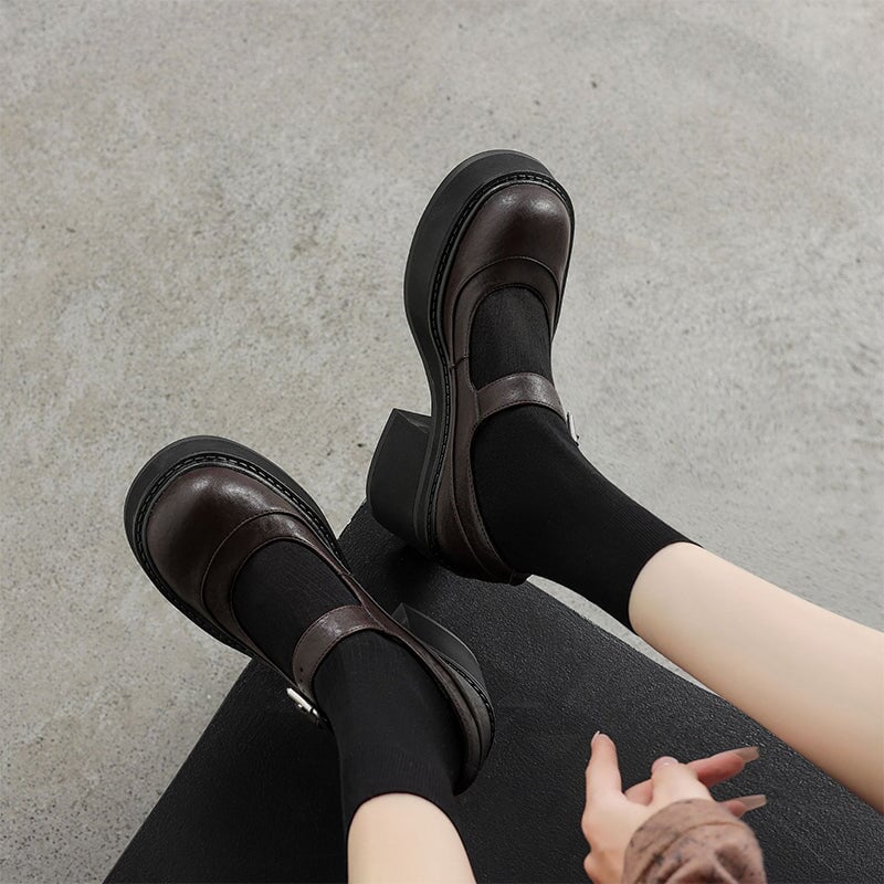 נעלי פלה מעור עם עקב בלוק וסוליית פלטפורמה