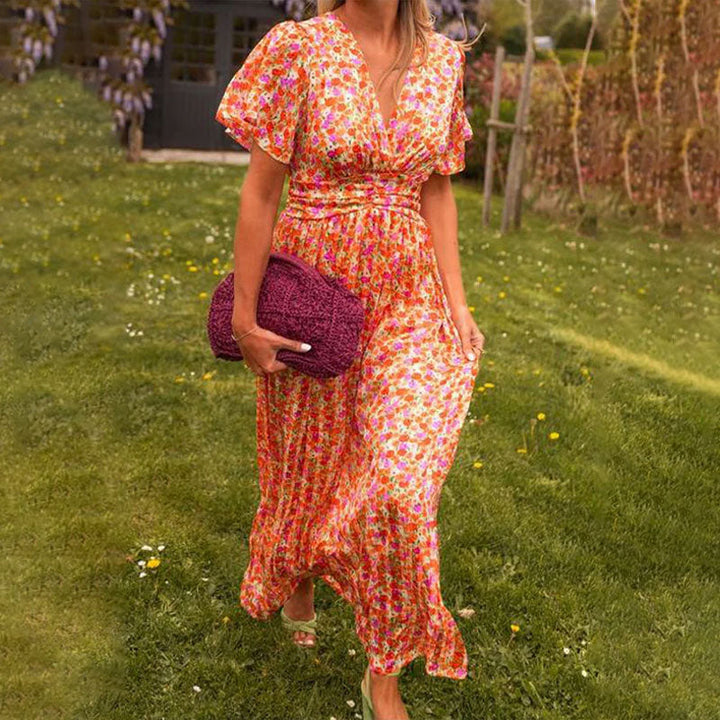 שמלת אסתר עם צווארון V ועיצוב פרחוני